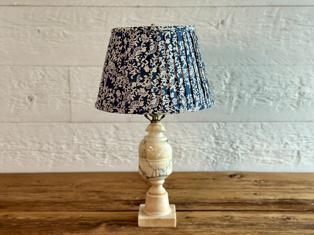 Vintage Marble Table Urn Lamp With a Hand-made Pleated Fabric-covered Lampshade, Blue and Beige B... | Etsy (US)