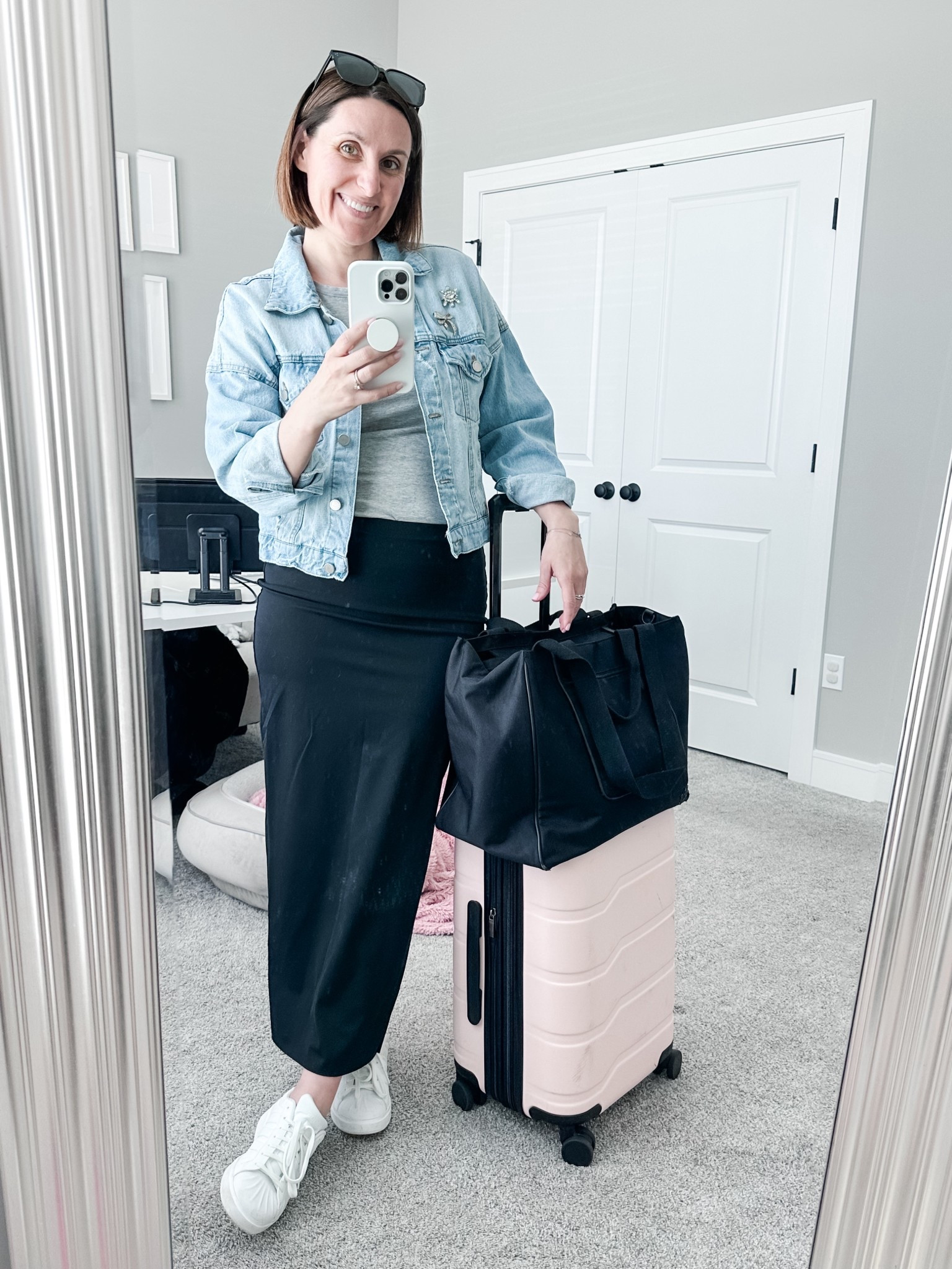 This week’s travel fit. I love this skirt so much! It is essentially the same fabric as leggings so it feels like I’m wearing those instead of a skirt, which looks more elevated  

#LTKootd #LTKWorkwear #LTKTravel