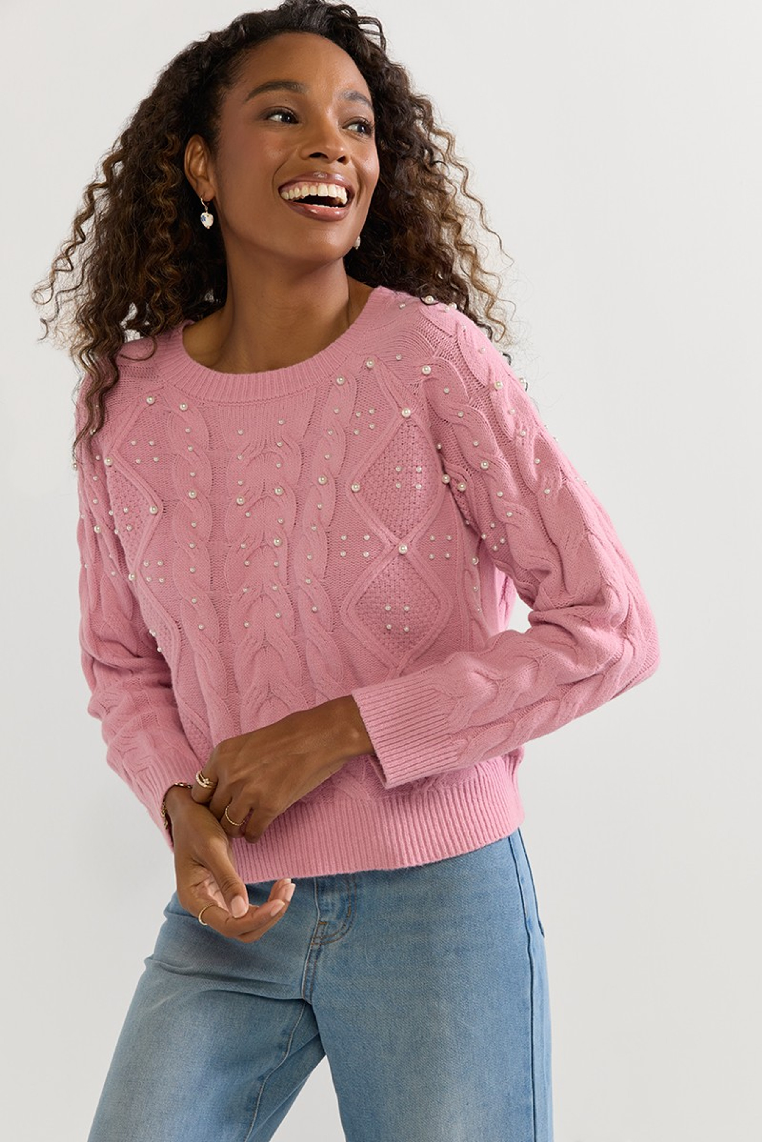 Beverly Pearl Embellished Cable Pullover Sweater Pink | Francesca's