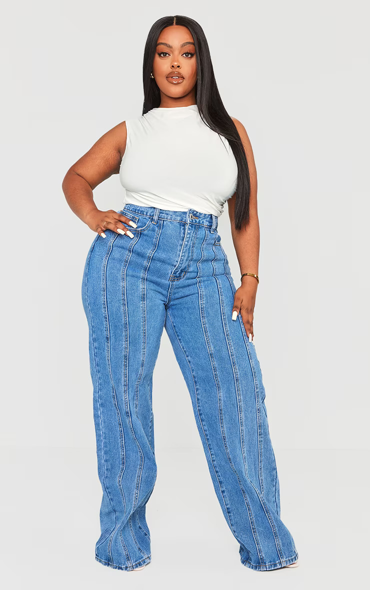 Plus Blue Seam Detail Straight Leg Jeans | PrettyLittleThing US