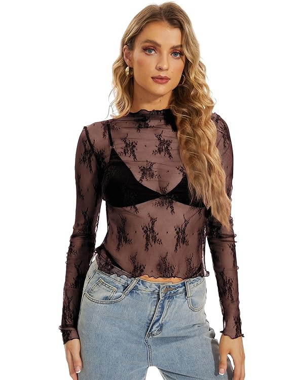 MISSACTIVER Women Sexy Floral Lace Embroidery See Through Long Sleeve T-Shirt Sheer Mesh Mock Ne... | Amazon (US)