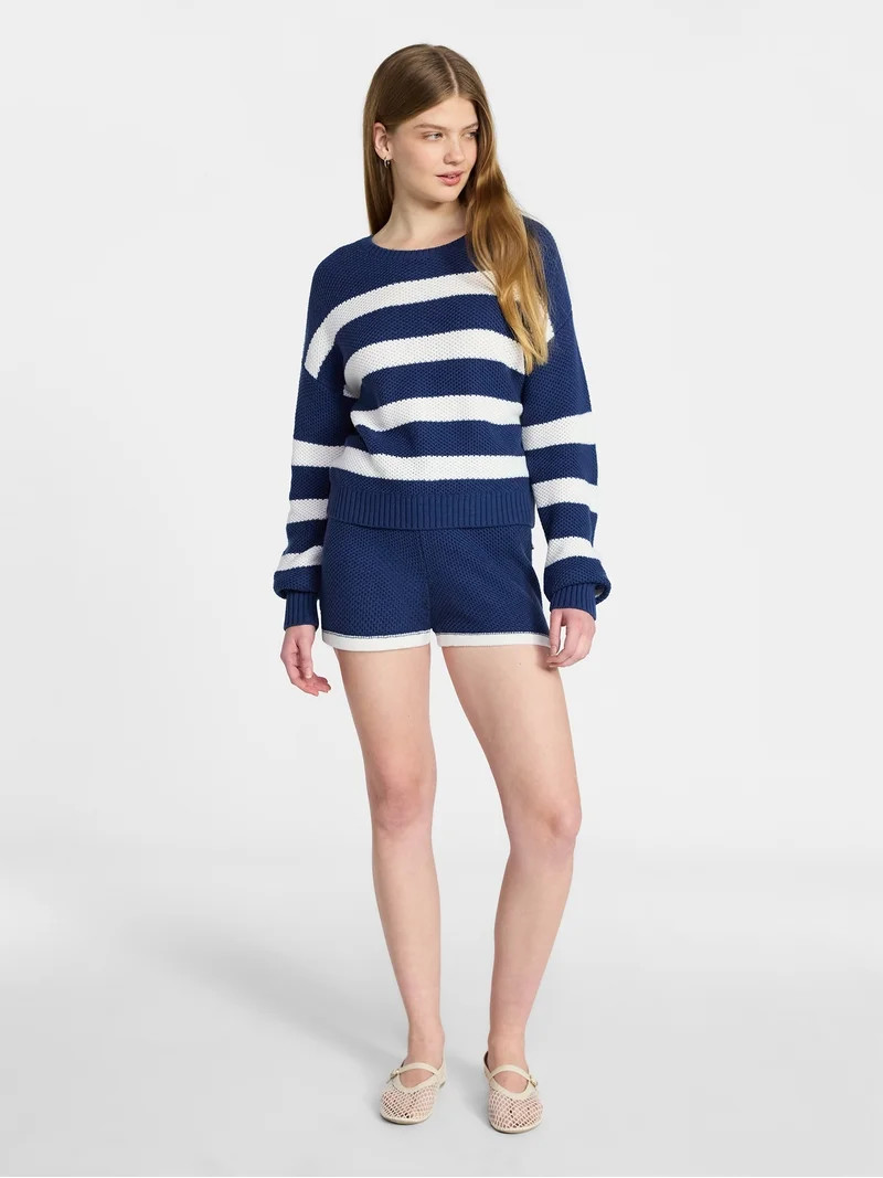 No Boundaries Drop Shoulder Crewneck Pullover Top and Shorts Set, 2-Piece, Women's XXS-XXL | Walmart (US)