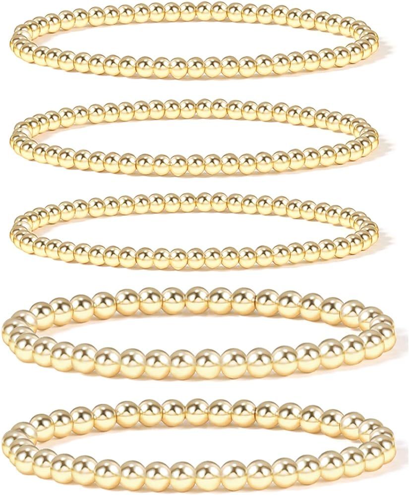 Gold Bracelets for Women  Stretch Bracelet Stack 14K Gold Plated Stackable Bead Ball Bracelet Set... | Amazon (US)