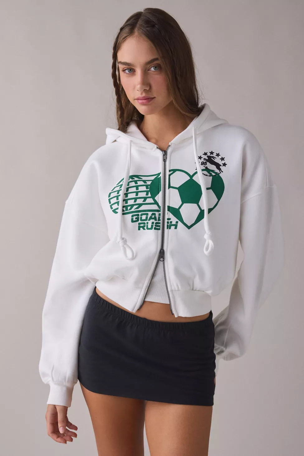 BDG Delaney Goal Rush Graphic Cropped Zip-Up Hoodie Sweatshirt | Urban Outfitters (US and RoW)