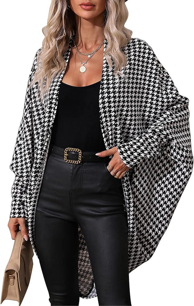 Women Houndstooth Blazer Jackets Batwing Long Sleeve Open Front Asymmetrical Cardigan Coat | Amazon (US)