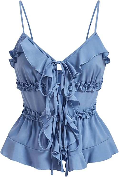 MakeMeChic Women's Tie Front Frill Trim Cami Top Ruffle Flared Hem Shirts | Amazon (US)
