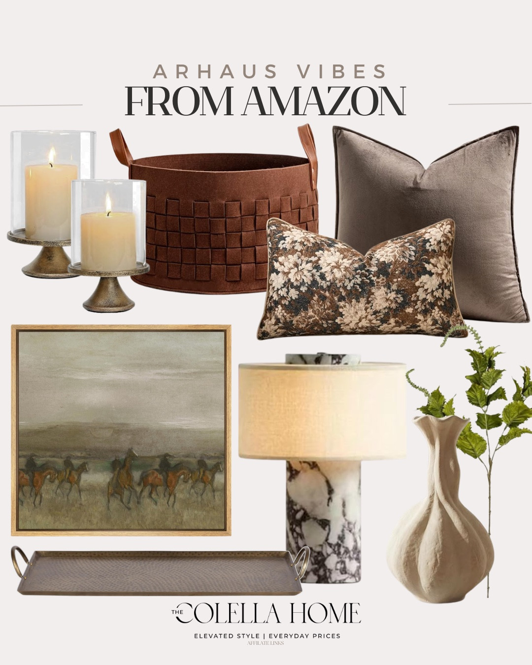 Designer vibes from Amazon include vase, greenery stems, table lamp, wall art, tray, decorative basket, candle hurricanes, and throw pillows. 

Home decor, designer looks for less, arhaus vibes 

#LTKSeasonal #LTKvlog #LTKHome