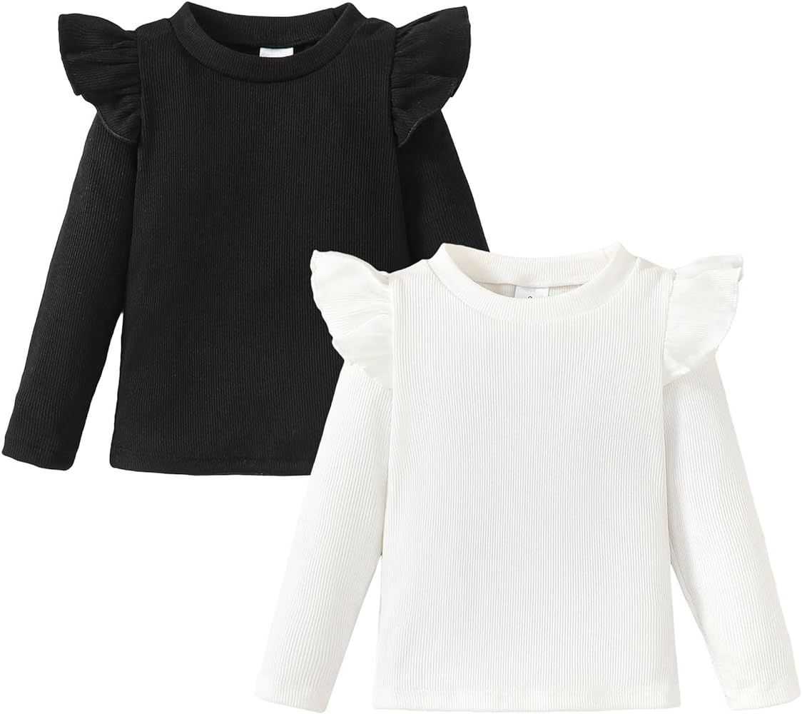 OPAWO Toddler Girl Shirts Ruffled Long/Short Sleeve Baby Tee Tops, Ribbed Toddler Girl Blouse, Ba... | Amazon (US)