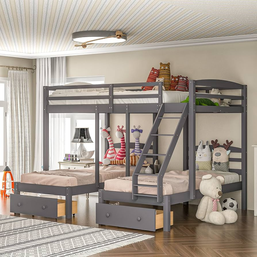 Harper & Bright Designs Full Over Twin & Twin Bunk Bed for 3 Kids Triple Bunk Beds Frame with Sto... | Amazon (US)