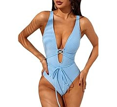 MakeMeChic Women's Sexy One Piece Bathing Suit Printed Criss Cross Self Tie Plunge Neck One Piece... | Amazon (US)