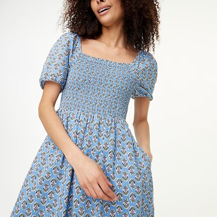 Block-print smocked midi dress with puff sleeves | J.Crew Factory