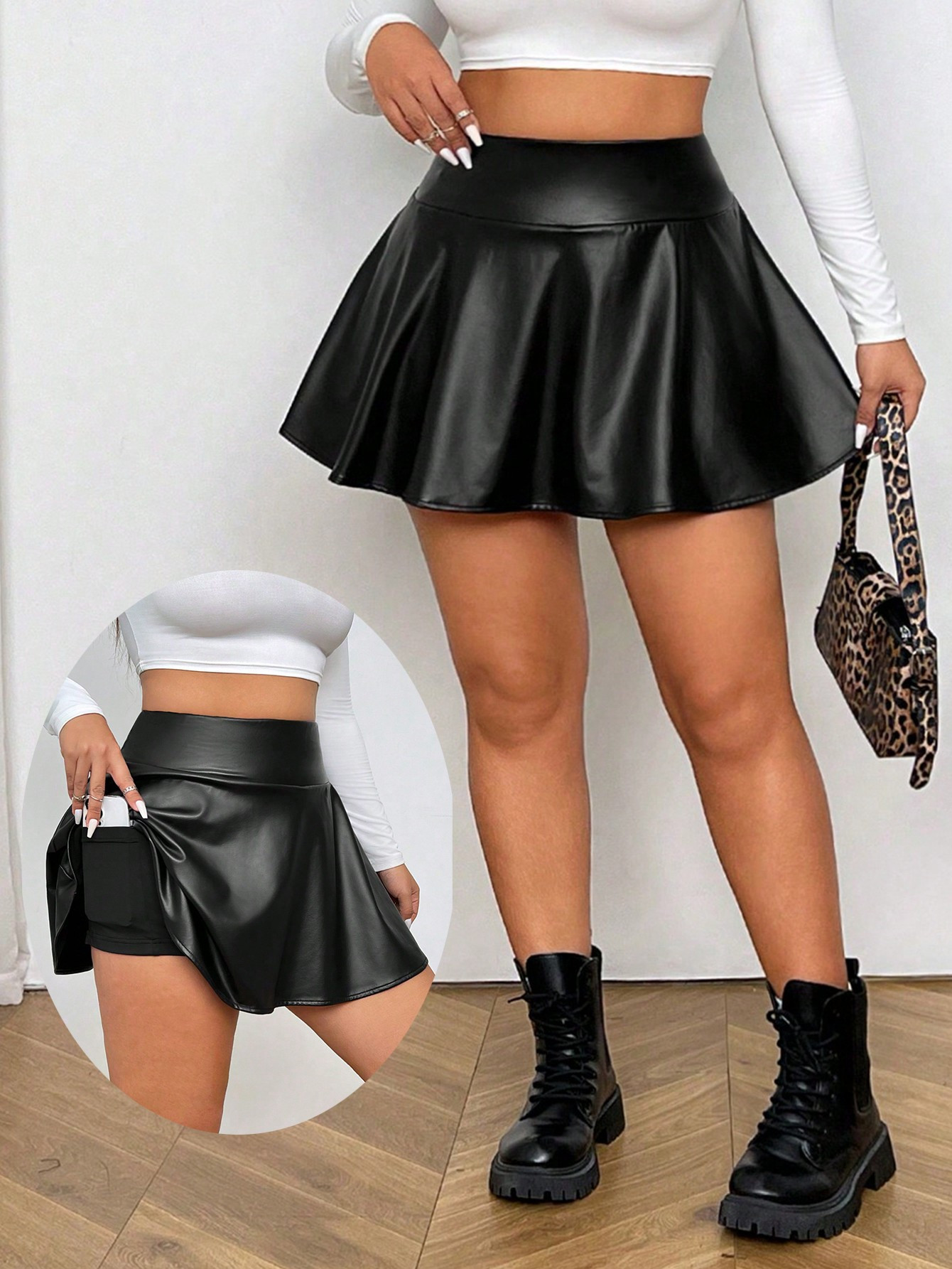 SHEIN EZwear Plus Size Women Black Faux Leather Mini Skort With Built-In Shorts And Pockets | SHE... | SHEIN