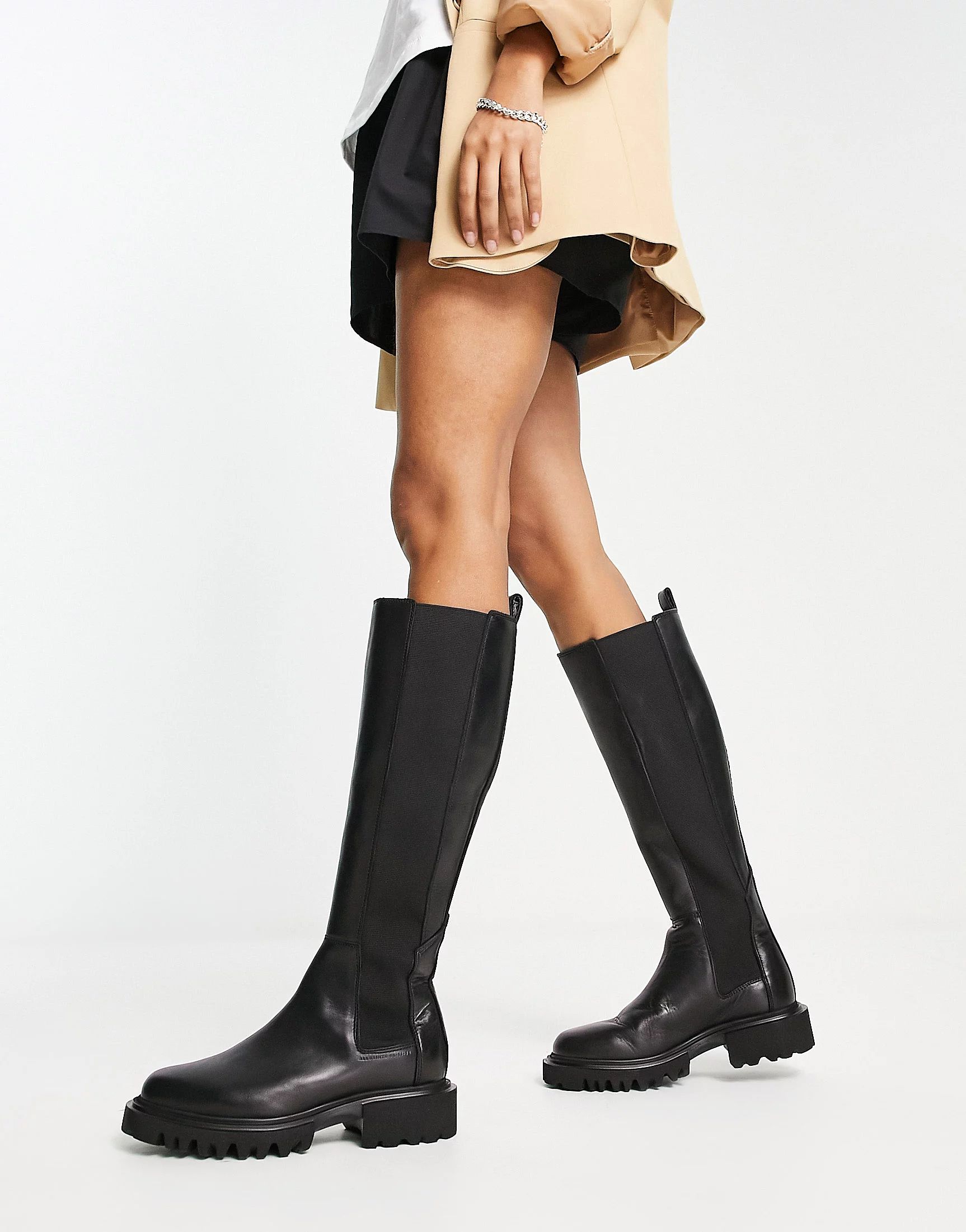 AllSaints Maeve leather pull on boots in black | ASOS (Global)