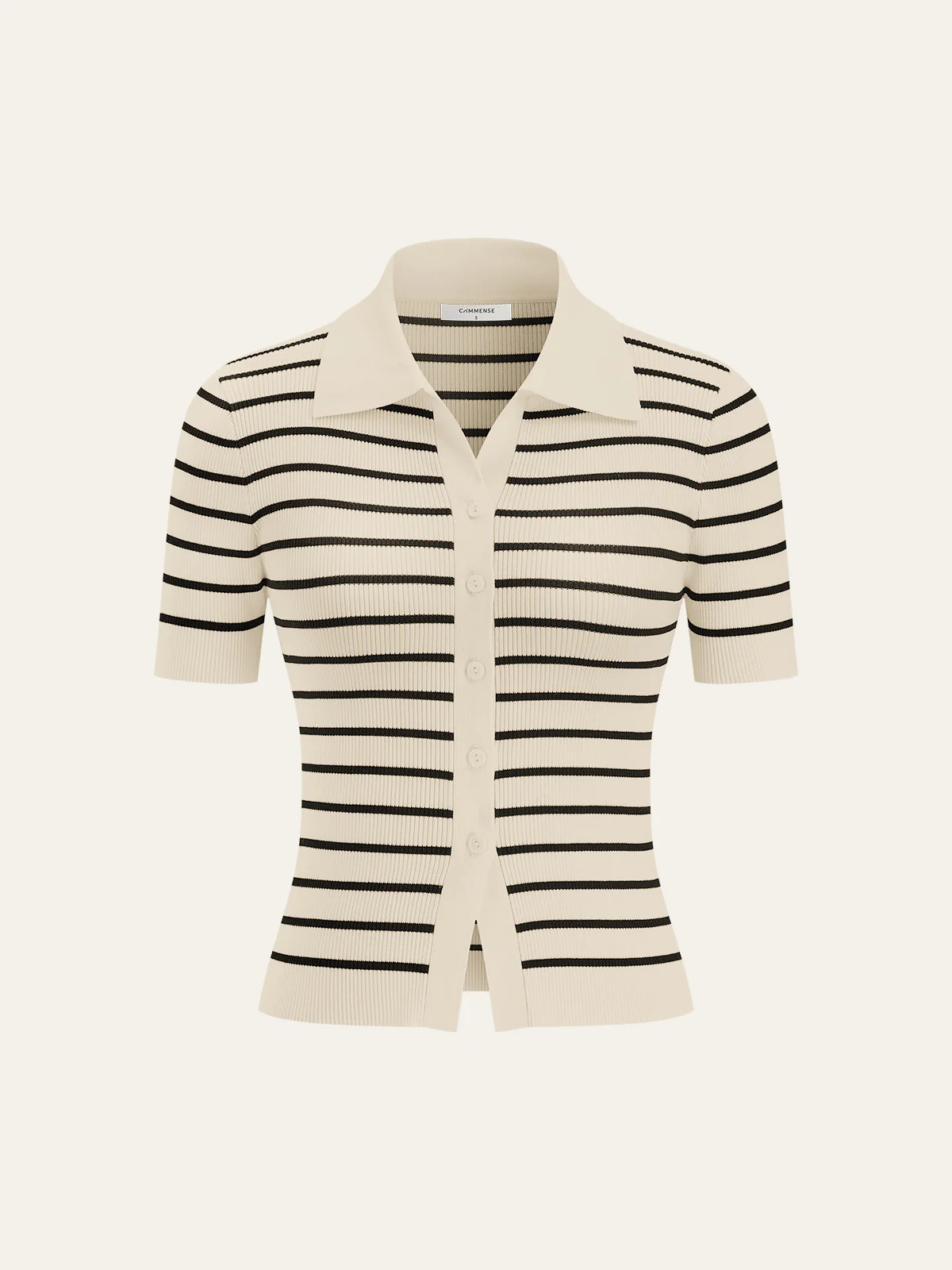 Striped Short-Sleeve Polo Collar Knit Cardigan | Commense