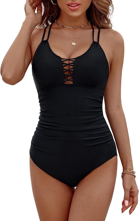 BMJL Women's Tummy Control Swimsuit Lace Up One Piece Bathing Suits Slimming V Neck Swimwear | Amazon (US)