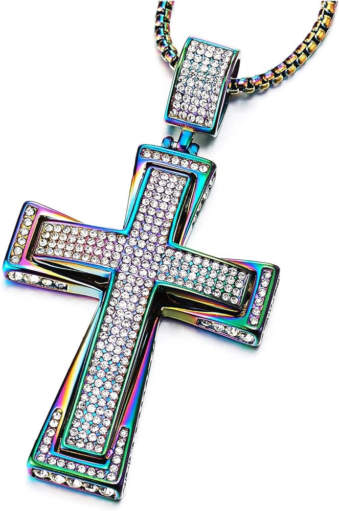 COOLSTEELANDBEYOND Mens Womens Large Steel Cross Pendant Necklace with Cubic Zirconia and Wheat C... | Amazon (US)