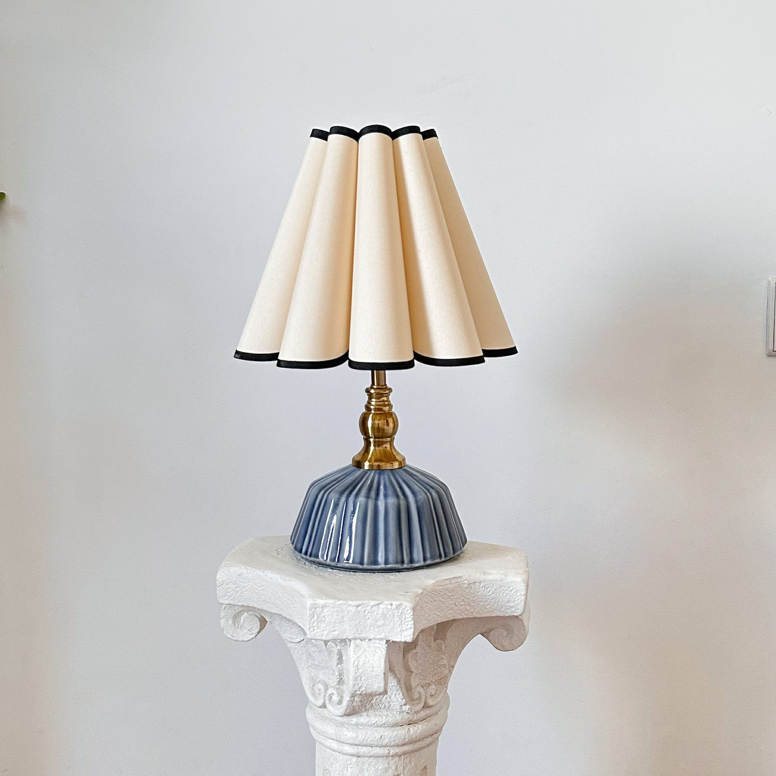 Handmade Classic Navy Ceramic Table Lamp 110-250V, Pleated Scallop Black Trim Tall Petal Shade, B... | Etsy (US)