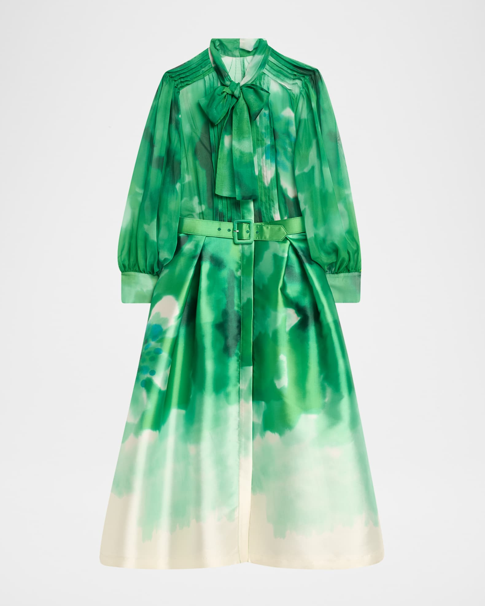 Rickie Freeman for Teri Jon Pleated Tie-Neck Mixed Media Midi Shirtdress | Neiman Marcus