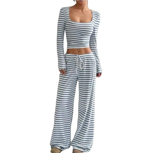 Womens Striped 2 Piece Sets Square Neck Top Cropped Tunic Wide Leg Pants Casual Lounge Sweatsuits Vacation Clothes Blue | Amazon (US)