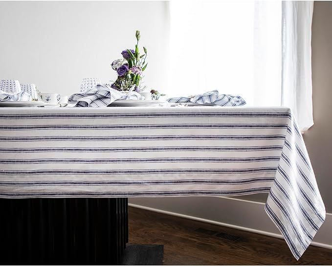 Solino Home Stripe Linen Tablecloth 60 x 90 Inch – 100% Pure European Flax Linen, Navy and Whit... | Amazon (US)