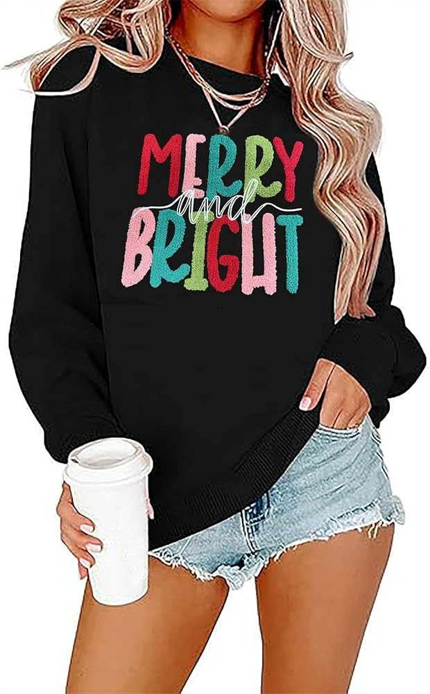 Merry Christmas Sweatshirts Women Merry And Bright Christmas Pullover Top Chenille Patch Letter P... | Amazon (US)