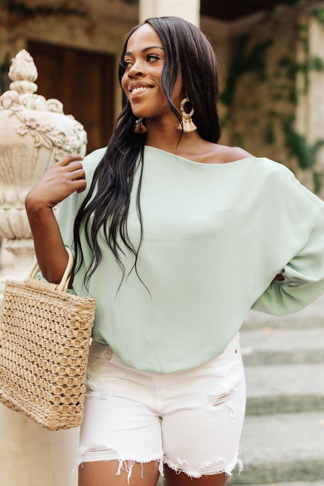Summer Off My Shoulder, Off My Mind Blouse in Sage | Peppered with leopard