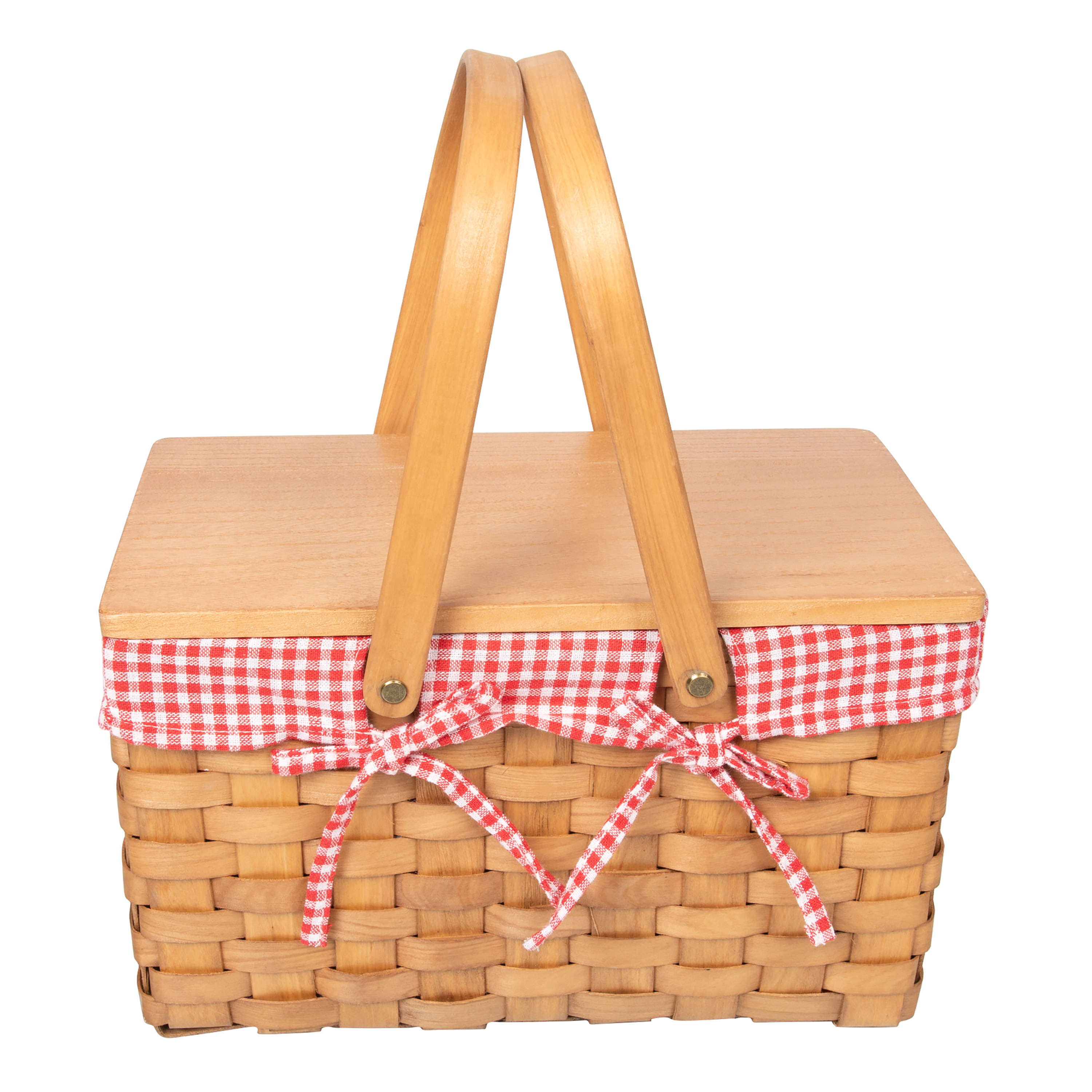 Wicker and Wood Red Gingham Farmhouse Picnic Basket | World Market