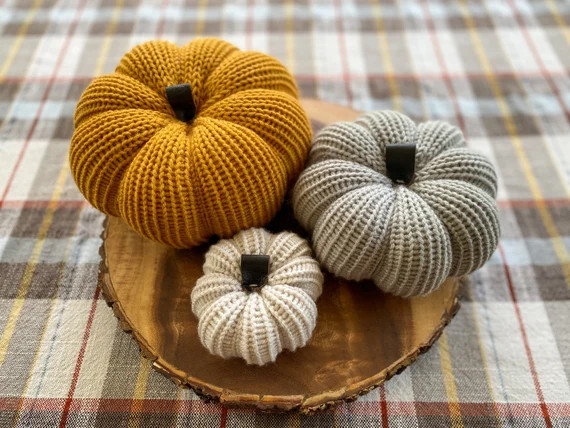 Farmhouse Pumpkin Set, Fall Harvest Home Decor, Rustic Yarn Pumpkin, Autumn Knit Table Decoration... | Etsy (US)