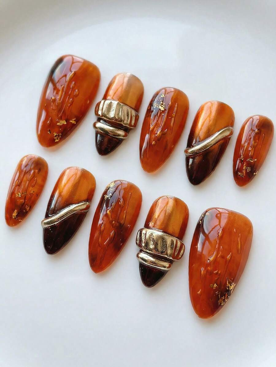 10 PCS Handmade Medium Almond Press On Nails, Vintage Amber Tortoise Shell With 3D Gold Metal Rin... | SHEIN