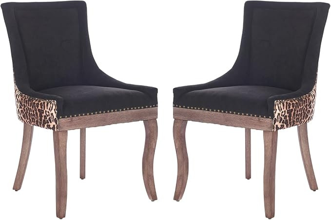 Yayzy Modern Dining Chairs Set of 2, Upholstered Fabric High Back Dining Chairs with Nailhead Trim & Solid Wood Legs for Dining Room & Kitchen, Black & Leopard Print | Amazon (US)