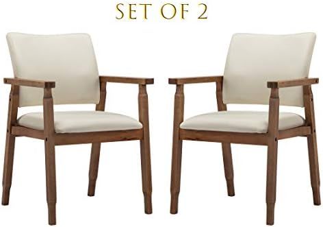 Set of 2 Mid Century Modern Walnut Dining Chairs Wood Arm Beige Fabric Kitchen Cafe Living Room D... | Amazon (US)
