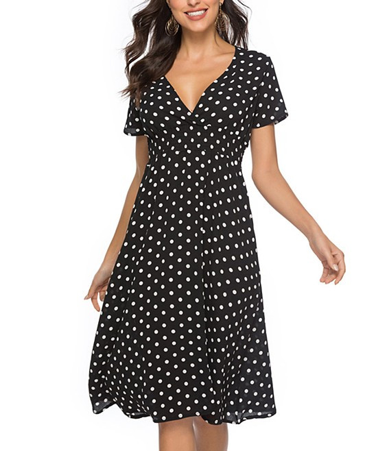 Sucrefas Women's Casual Dresses Black - Black Dot V-Neck Chiffon A-Line Dress - Women | Zulily