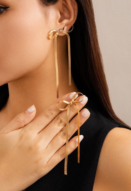 Ribbon Bowknot Dangle Earrings in Gold | Chicwish