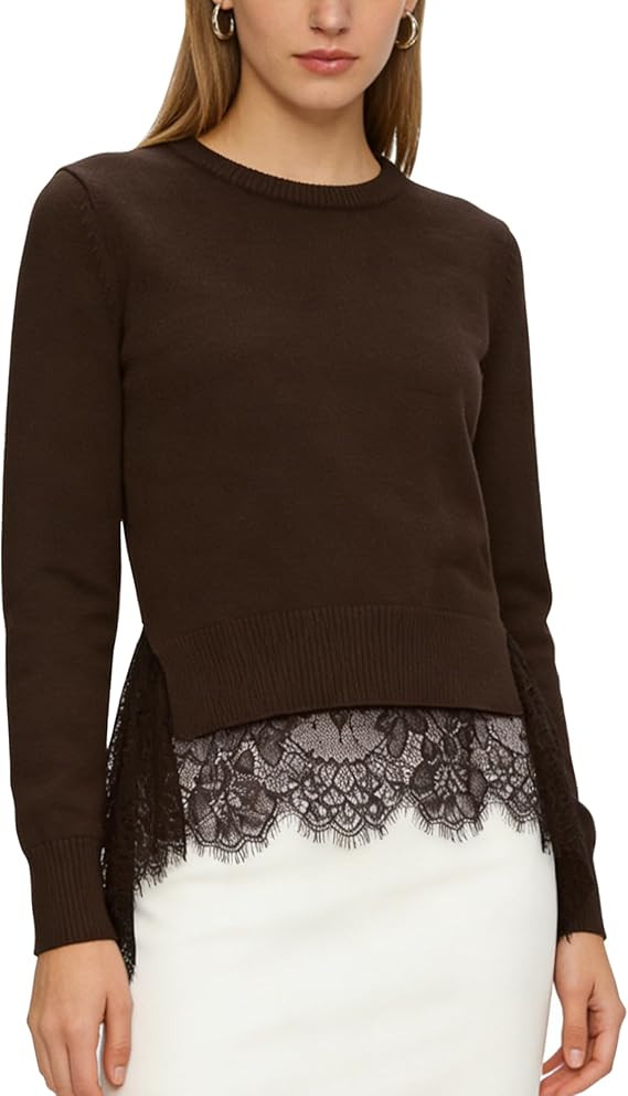 Megfie Womens Lace Panel Knitted Sweater Pullover Tops Knit Tops Warm Lightweight Loose Fit Fall ... | Amazon (US)