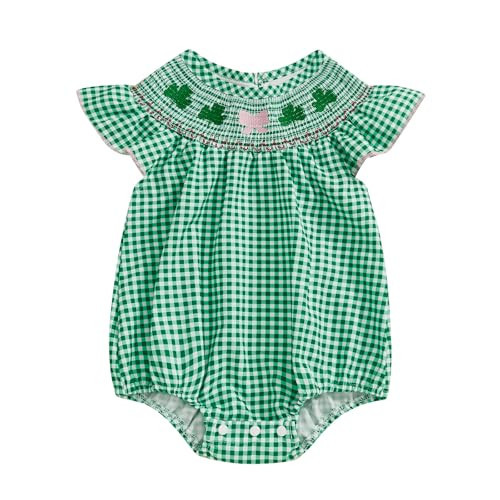 BemeyourBBs Newborn Baby Girl St Patricks Day Outfit Shamrock Bubble Romper Embroidery Cute Smocked Baby Girl Clothes (Clover Green, 12-18 Months) | Amazon (US)