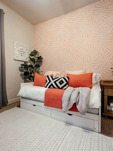 Guest bedroom. Trundle bed. Day bed. Bedroom furniture. Bedding. Peel and stick wallpaper. Faux tree. Bedroom design  

#LTKfindsunder50 #LTKstyletip #LTKhome
