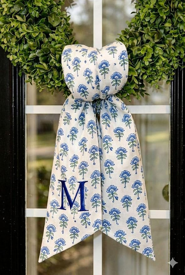Personalized Wreath Sash Bow with Custom Initial for Front Door Decor (Blue Floral Hydrangea) | Amazon (US)