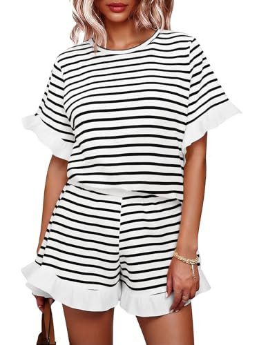 Tankaneo Womens 2 Piece Striped Shorts Set Ruffle Short Sleeve Tops Hight Waist Shorts Matching Sets Summer Vacation Outfits | Amazon (US)