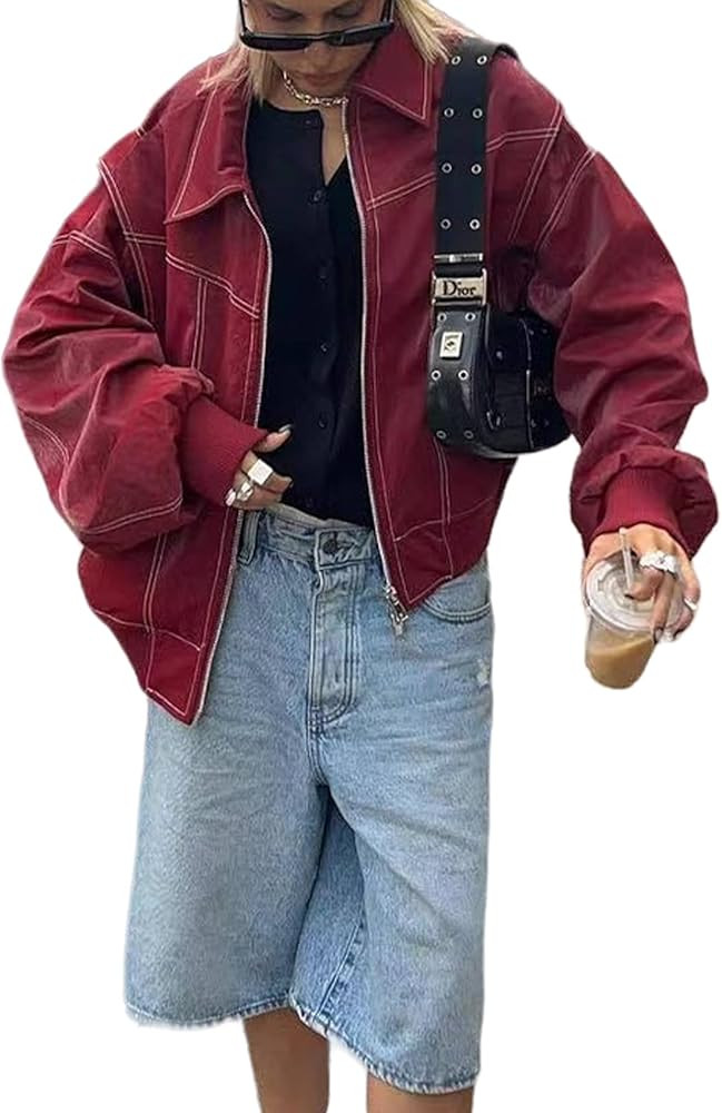 Perbai Womens Oversized Leather Jacket Zip Up Long Sleeve Faux Leather Bomber Coat 90s Vintage Bi... | Amazon (CA)