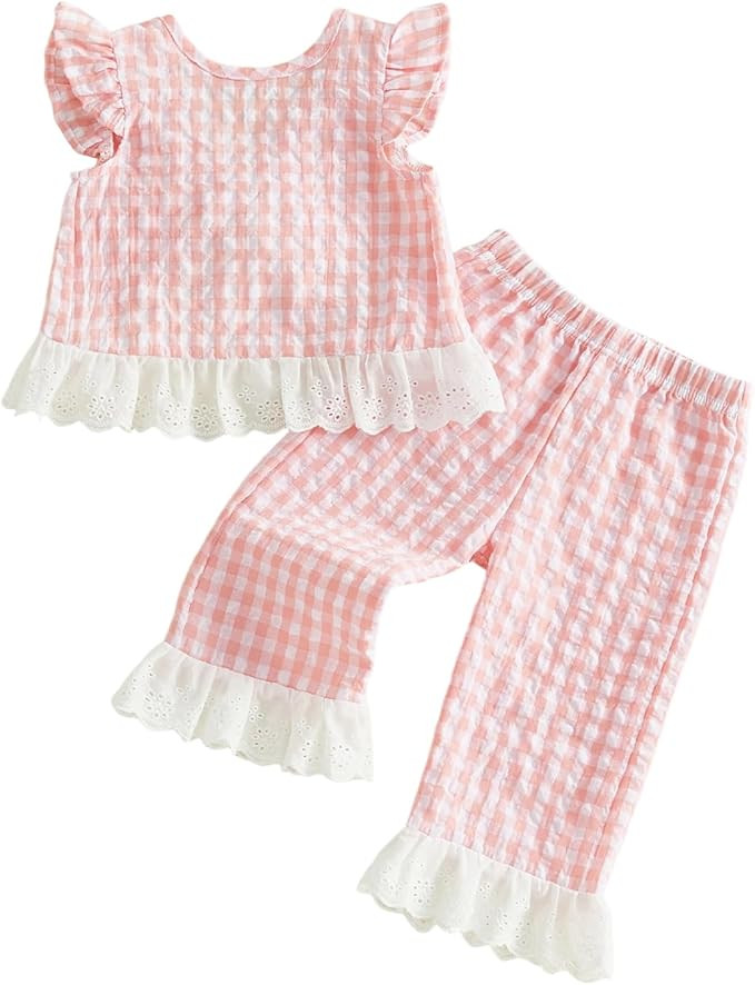 GOOCHEER Toddler Girl Clothes Baby Summer Outfits Plaid Ruffle Sleeveless Vest Tank Tops Pants Se... | Amazon (US)