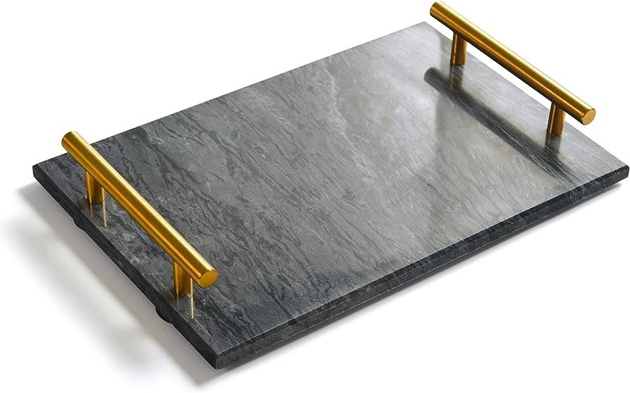 Black Real Marble Tray with Golden Handle, Natural Stone Decorative Tray with Metal Handle for Ba... | Amazon (US)