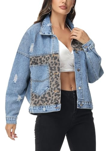 Anna-Kaci Women Long Sleeve Button Down Leopard Print Crop Denim Jacket Ripped Distressed Boyfriend Outerwear, Light Denim, Medium | Amazon (US)