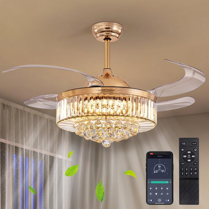 CROSSIO 48" Modern Gold Crystal Ceiling Fan with Light and Remote Crystal Fandelier LED Dimmable ... | Amazon (US)