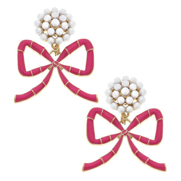 Valentine's Bamboo Bow & Pearl Cluster Drop Earrings in Pink | CANVAS