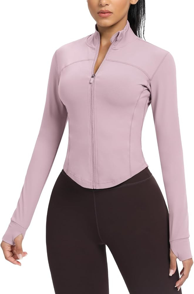 AVGO Women's Cropped Running Workout Jackets Zip Slim Fit Athletic Tops with Thumb Holes | Amazon (US)