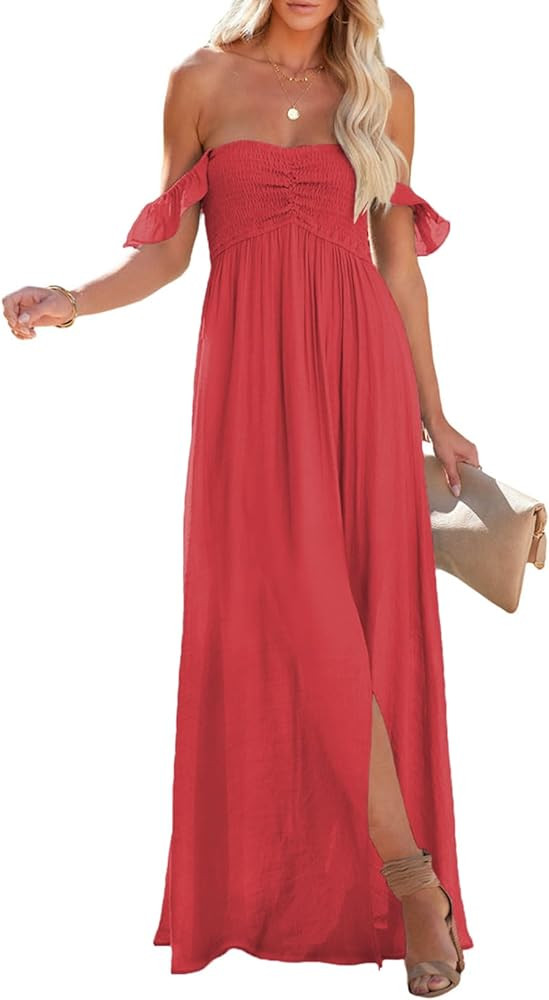 Happy Sailed Women's 2025 Summer Smocked Off The Shoulder Maxi Dresses Ruffle Short Sleeve A Line... | Amazon (US)