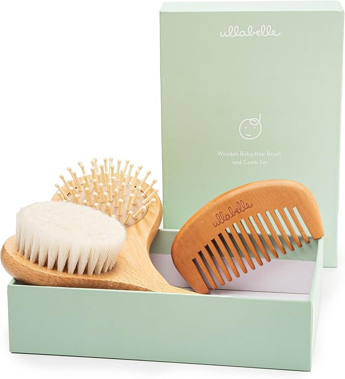 3 Piece Wooden Baby Hair Brush and Comb Set for Newborns & Toddlers in Chic Gift Box - Ultra Soft... | Amazon (US)
