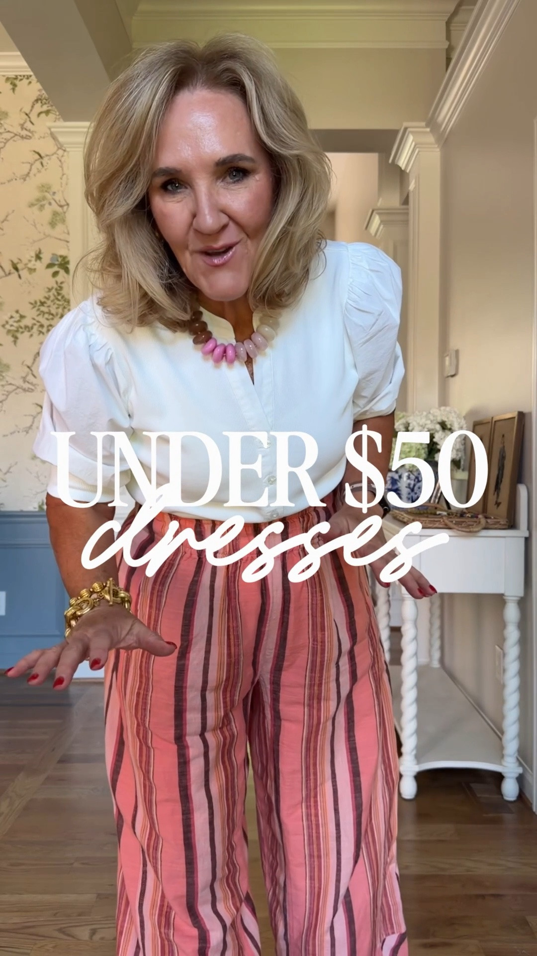 You’re going to love them. 
Wearing a medium in both. 
The white top I’m in a medium 
Striped linen cotton pants size small 
The cream stone necklace is a color selection of the pink mauve necklace pictured first.

#LTKOver40 #LTKBump #LTKootd