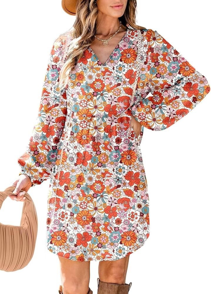Dokotoo Women's V Neck Floral Embroidered Lace Trim Mini Dress Long Peasant Sleeves Flowy Dress F... | Amazon (US)