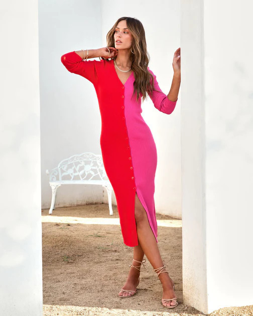 Keep It Sassy Ribbed Colorblock Midi Dress - Red/Pink | VICI